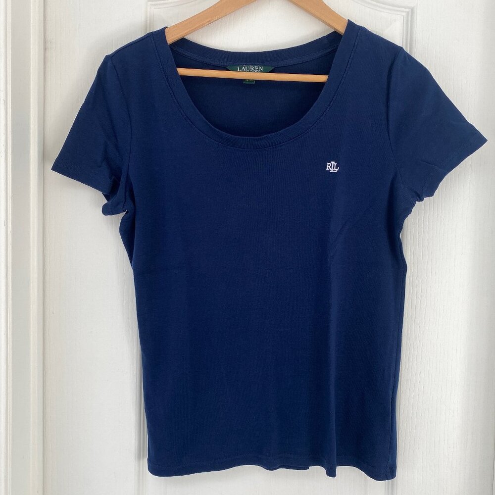 Lauren Ralph Lauren - 100% Cotton Navy Scoop Neck Logo T-Shirt